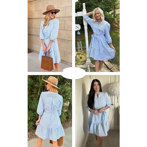 Angashion Women's Striped Shirt Dress | V-Neck, 3/4 Sleeve, Belted Midi With Ruffle Hem & Pockets - View #9
